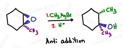 Grignard attacking hypoxide less substituted side for anti addition Leah4sci