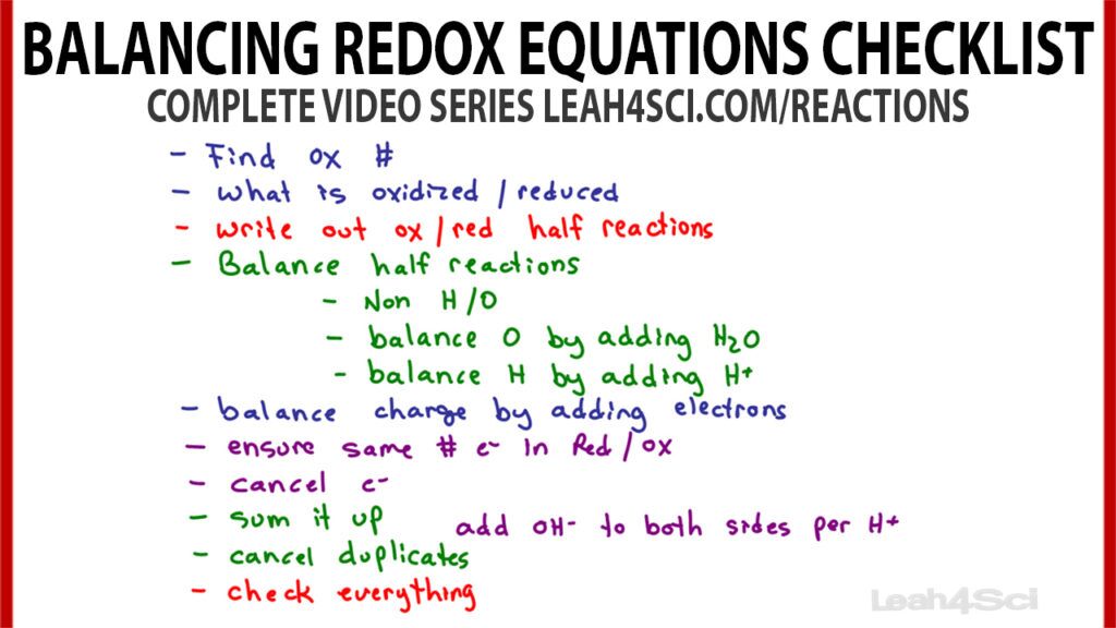 Balancing Oxidation Reduction Equations Checklist Leah4sci