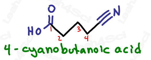 Naming nitrile substituents example 4-cyanobutanoic acid