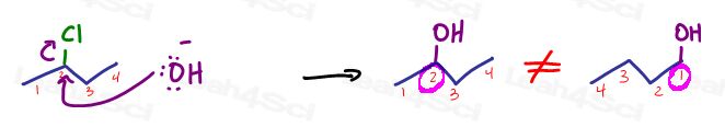 hydroxide OH- via SN2 attack puts alcohol on same carbon