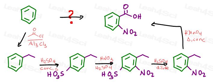 Benzene to 2-nitrobenzoic acid multi-step synthesis with reagents